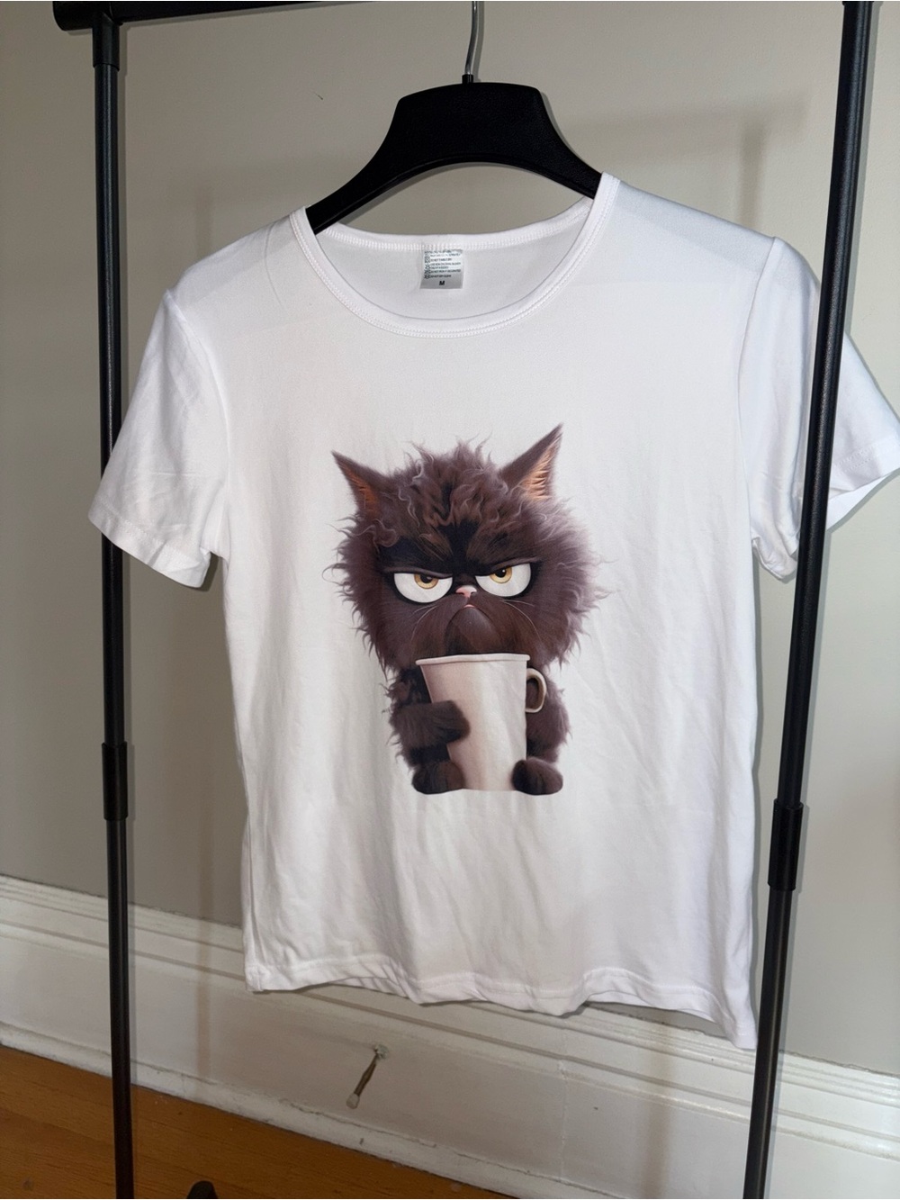 White Cat Graphic Tee with Coffee Cat Print - Unbranded